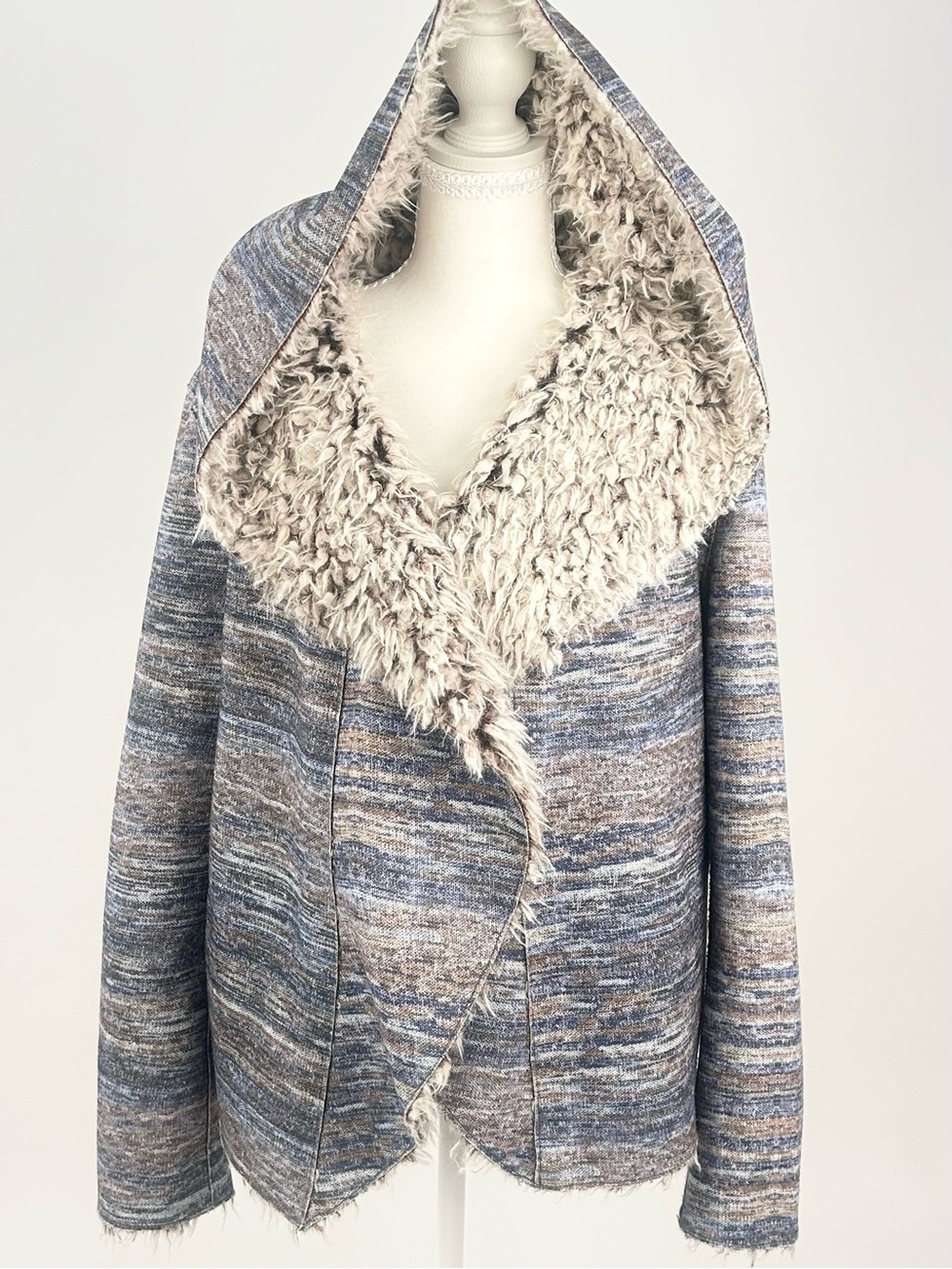 Dylan Faux Fur Hooded Open Front Cardigan Jacket Gray Space Dye M